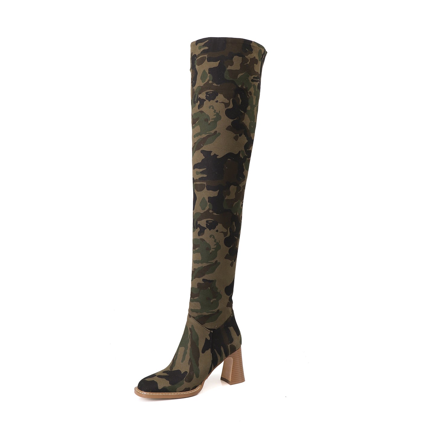 Damen Rundkopf Camouflage Denim Chunky Heel Lange Stiefel