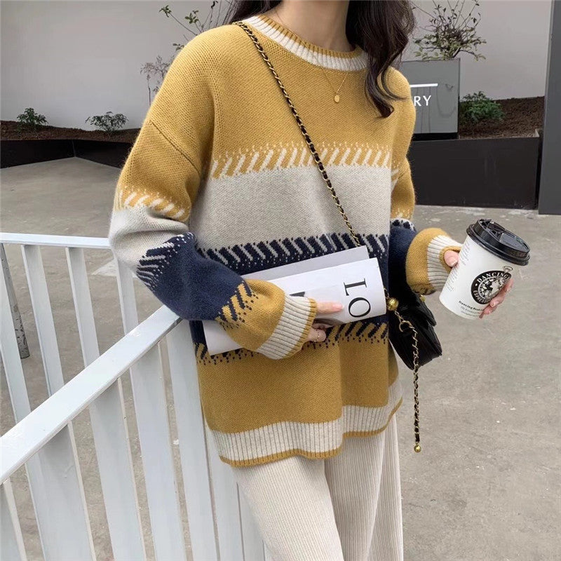 Soft Style Fashionable Stylish Contrast Color Lazy Sweater