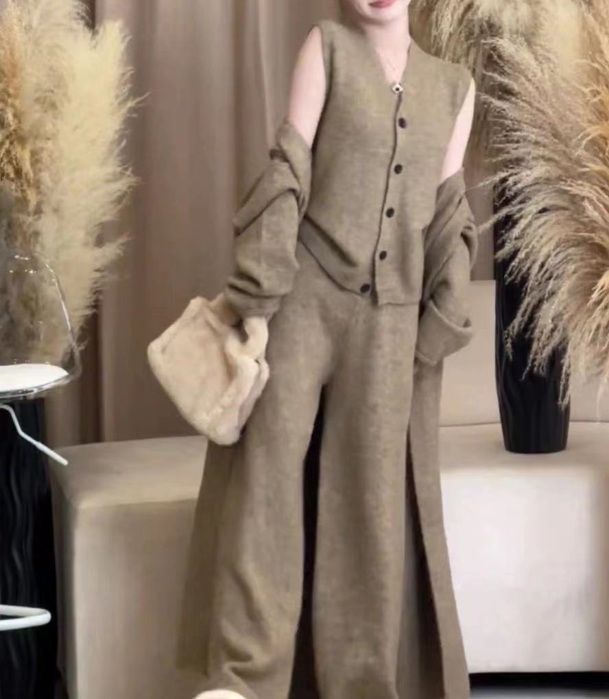 Long Sleeve Knitted Cardigan Vest High Waist Pants Three-piece Suit