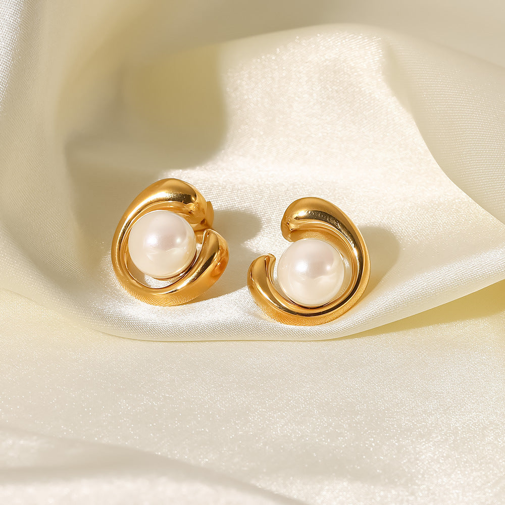 18k gold, stainless steel, geometric pearl stud earrings