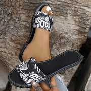 Neue Mode Graffiti Print Sandalen für Frauen Sommer Runde Zehe Niedrigen Absatz Flache Hausschuhe für Frauen Gleitet Beiläufige Strand Schuhe