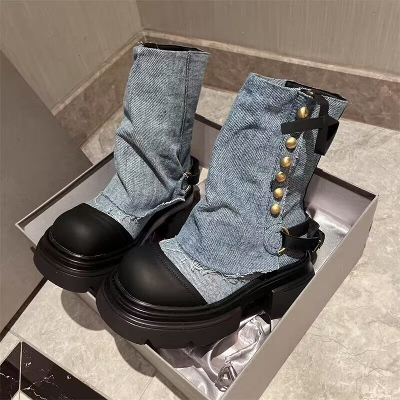 Damen Schuhe Denim Metall Schnalle Knöchel Stiefel Rundkopf Dicke Unterseite lässig