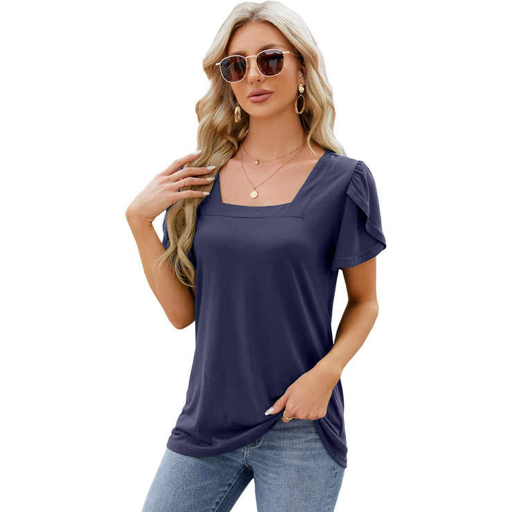 Sommer-Top, modisches, bedrucktes Kurzarm-T-Shirt mit quadratischem Ausschnitt und Blütenblatt-Ärmeln, lockeres Bohemian-Strand-T-Shirt für Damenbekleidung