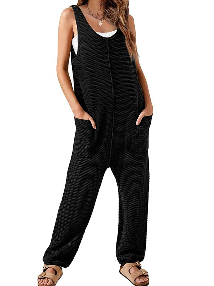 Damen-Jumpsuit mit Waffelmuster, lässig, locker, ärmellos, V-Ausschnitt, Overall mit Doppeltasche, Cargohose