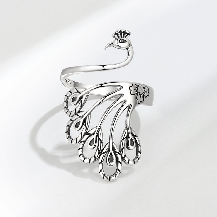 Kreativer Retro-Pfau-Sterlingsilber-Ring mit breitem Gesicht