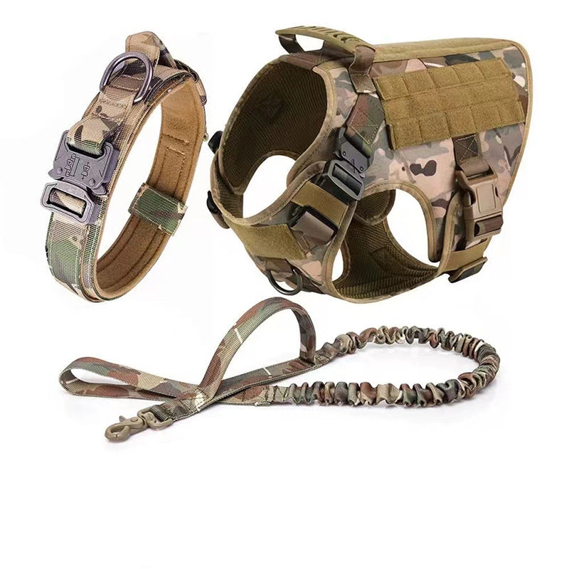 Outdoor Tactical Pet Dog Harness Collar Hand Holding Rope Three-Piece Set