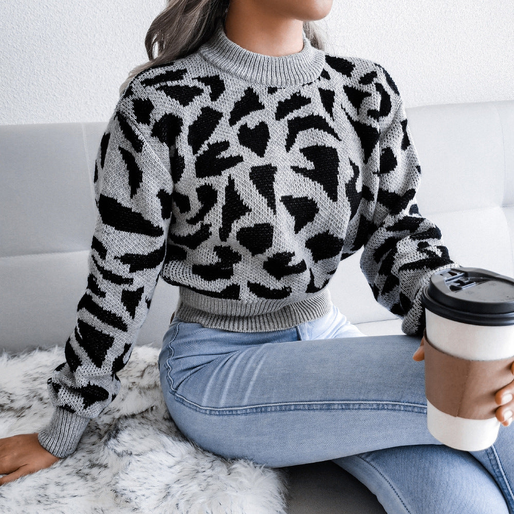 Women's Fashion Casual Leopard Print Waist Trimming Knitted Midriff-baring Sweater