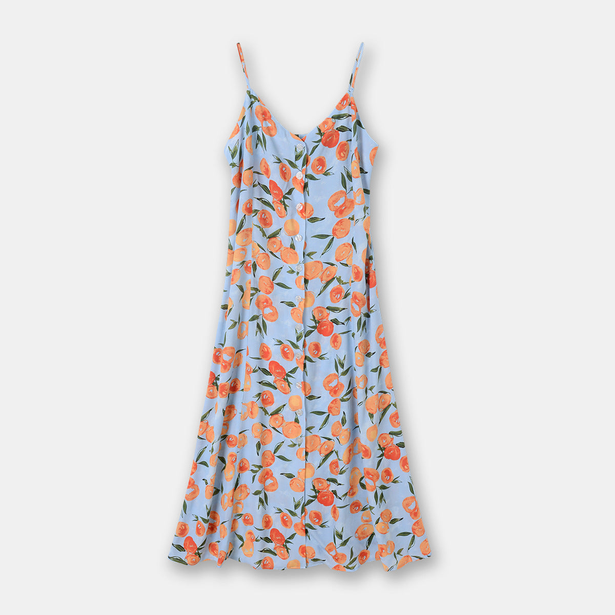 French Strap Single-breasted Dress Fruit Orange Printed Vacation Style Mid-length Dress