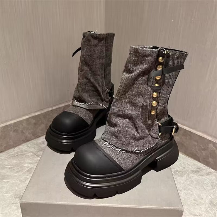 Damen Schuhe Denim Metall Schnalle Knöchel Stiefel Rundkopf Dicke Unterseite lässig