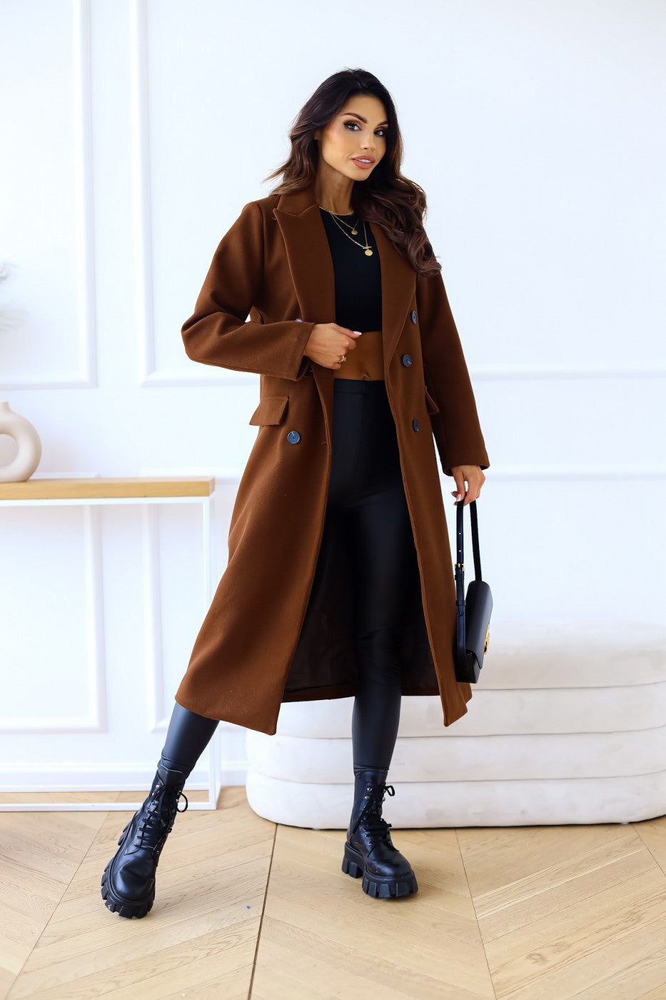 Women's Fashion Simple Double Breasted Long Sleeve Lapel Button Woolen Coat