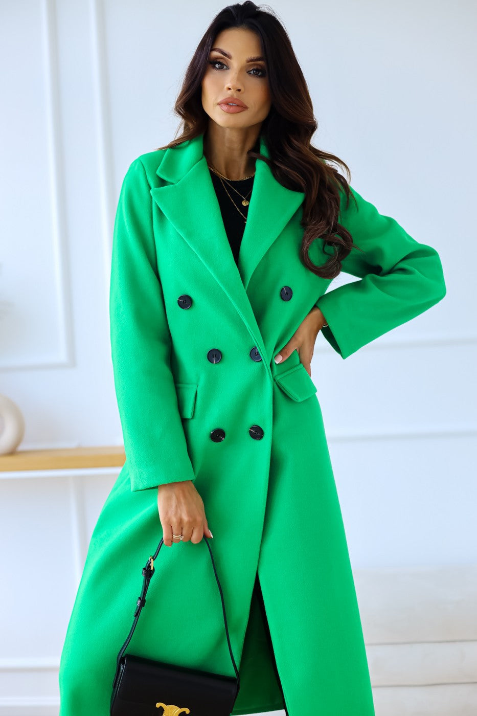 Women's Fashion Simple Double Breasted Long Sleeve Lapel Button Woolen Coat