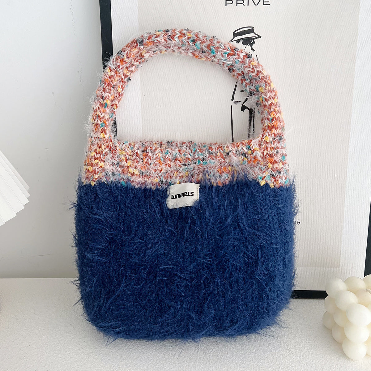 Maillard color fur bag Exquisite cute portable Korean style new contrast color knitted all-matching