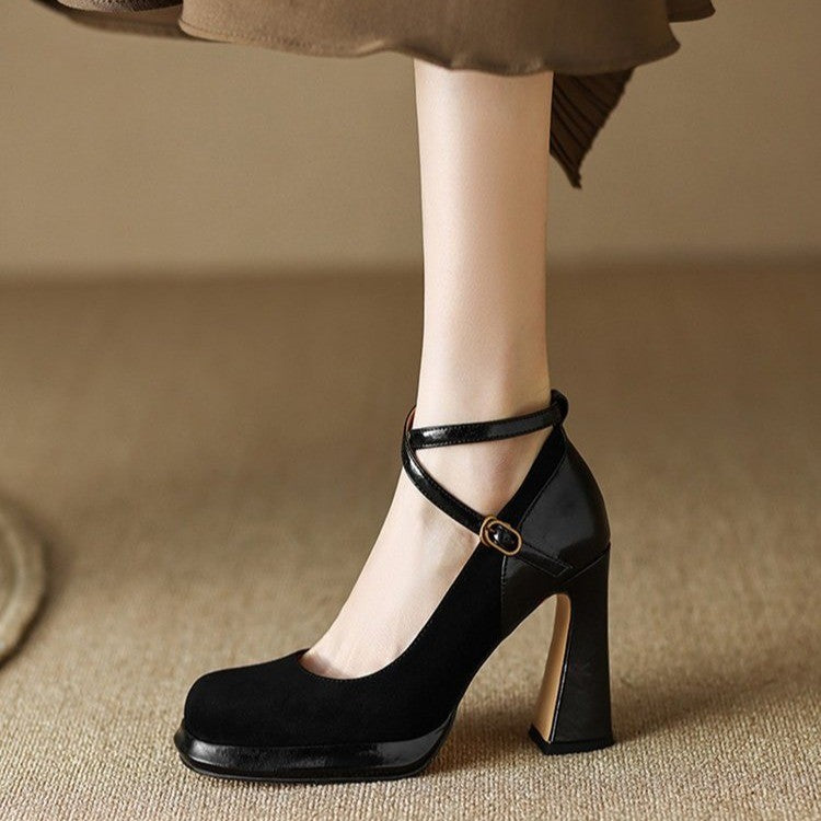 Black High Heels Block Heel New Cross Straps Square Toe