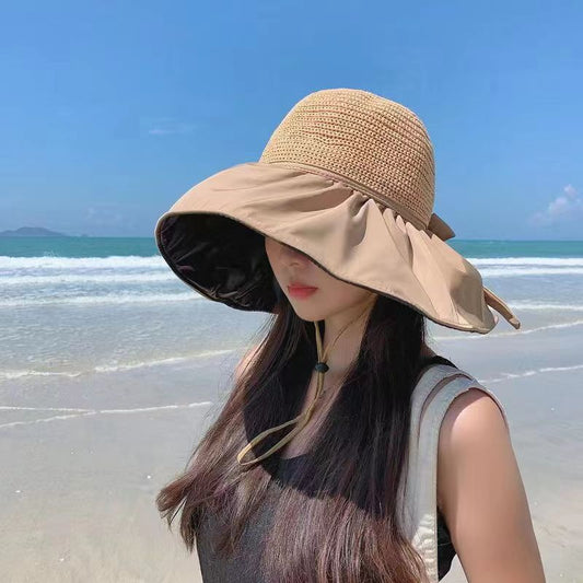 Black Rubber Female UV Protection Face Cover Folding Sun Hat