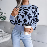 Modischer, lässiger, bauchfreier Strickpullover mit Leopardenmuster und Taillenbesatz für Damen