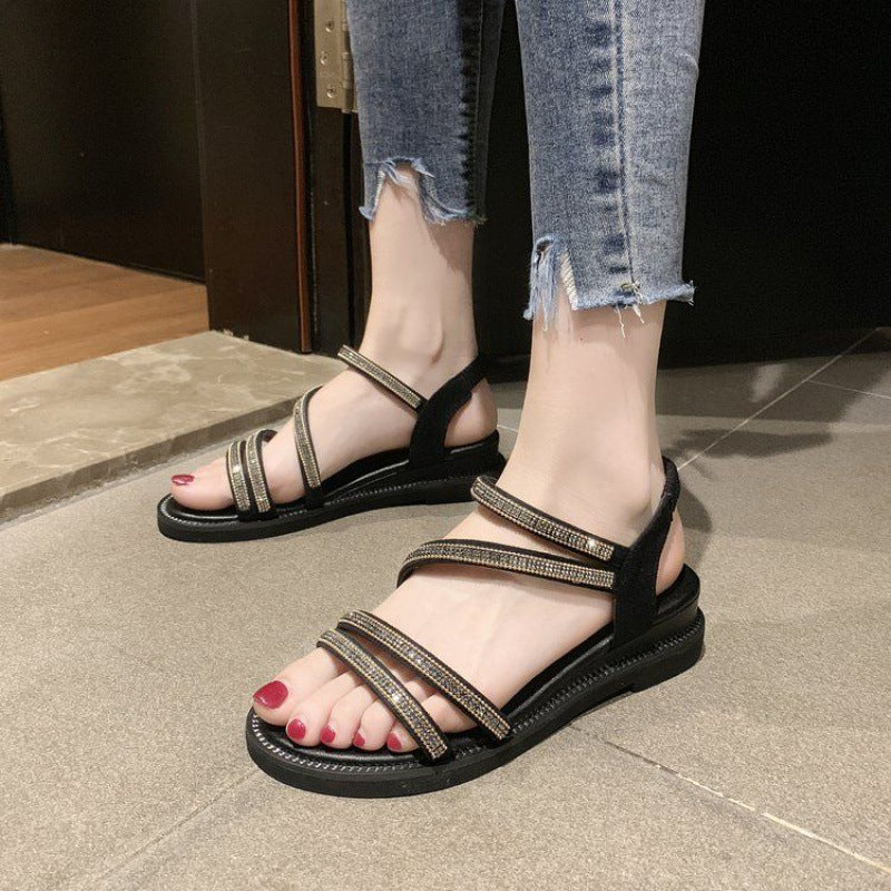 Women's Sandals Casual Ladies Summer Korean Style Flat for Outdoor Rhinestone Fairy All-Match Fashion Anti-Slip