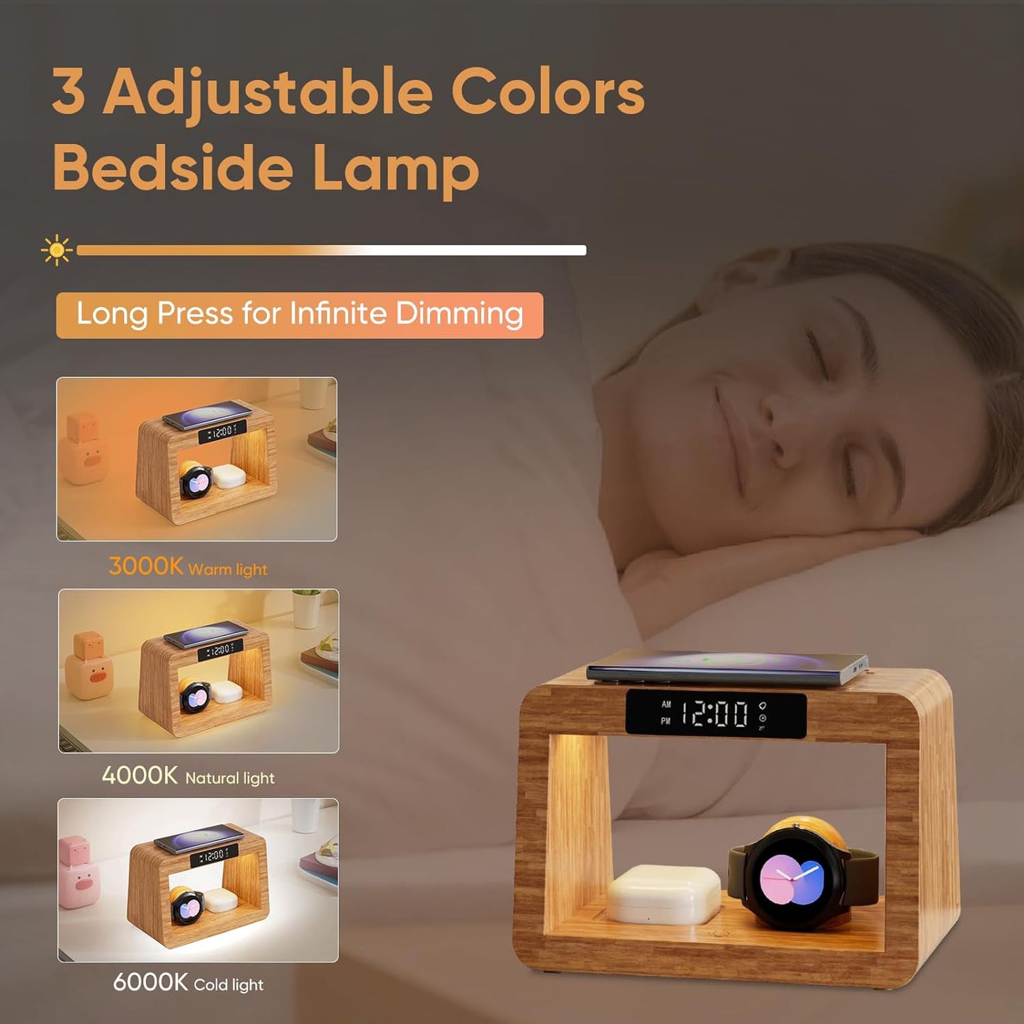 Multifunction ale Bamboo Table lamp Alarm clock Wireless charger