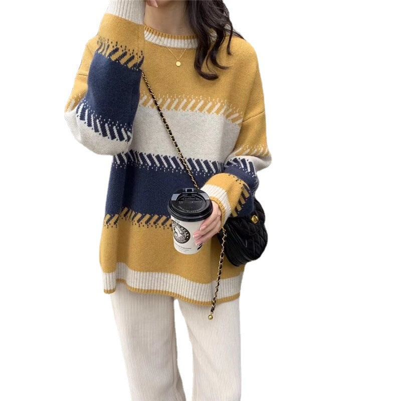 Soft Style Fashionable Stylish Contrast Color Lazy Sweater