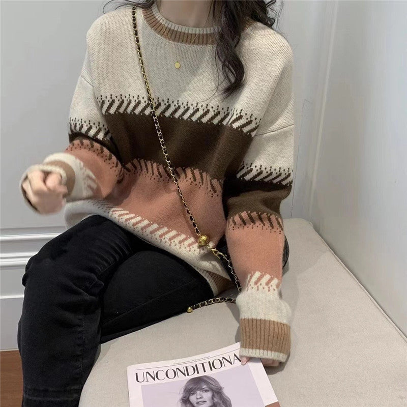 Soft Style Fashionable Stylish Contrast Color Lazy Sweater