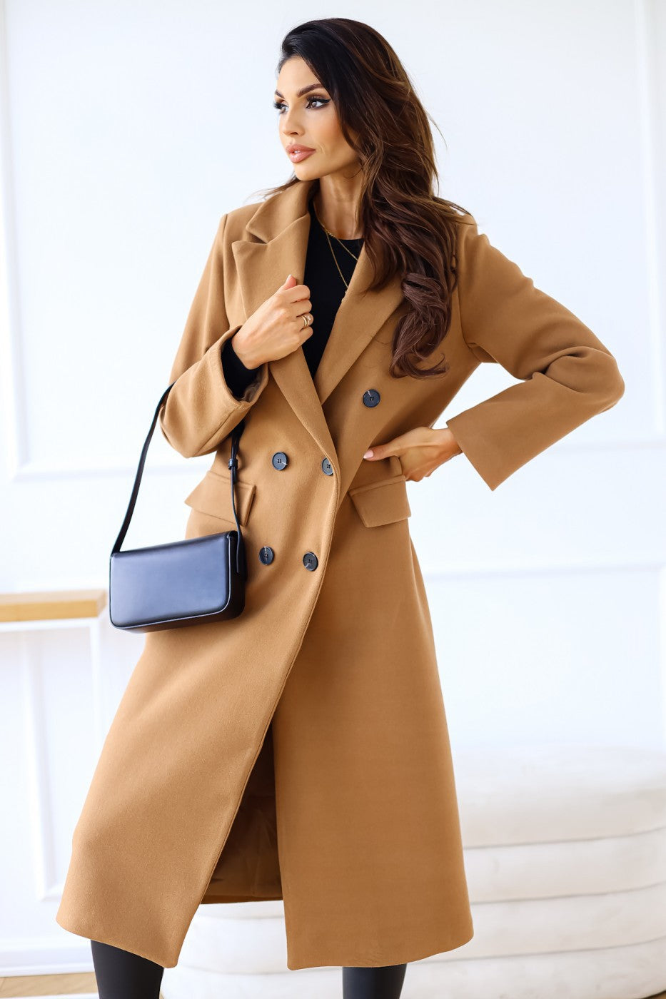 Women's Fashion Simple Double Breasted Long Sleeve Lapel Button Woolen Coat