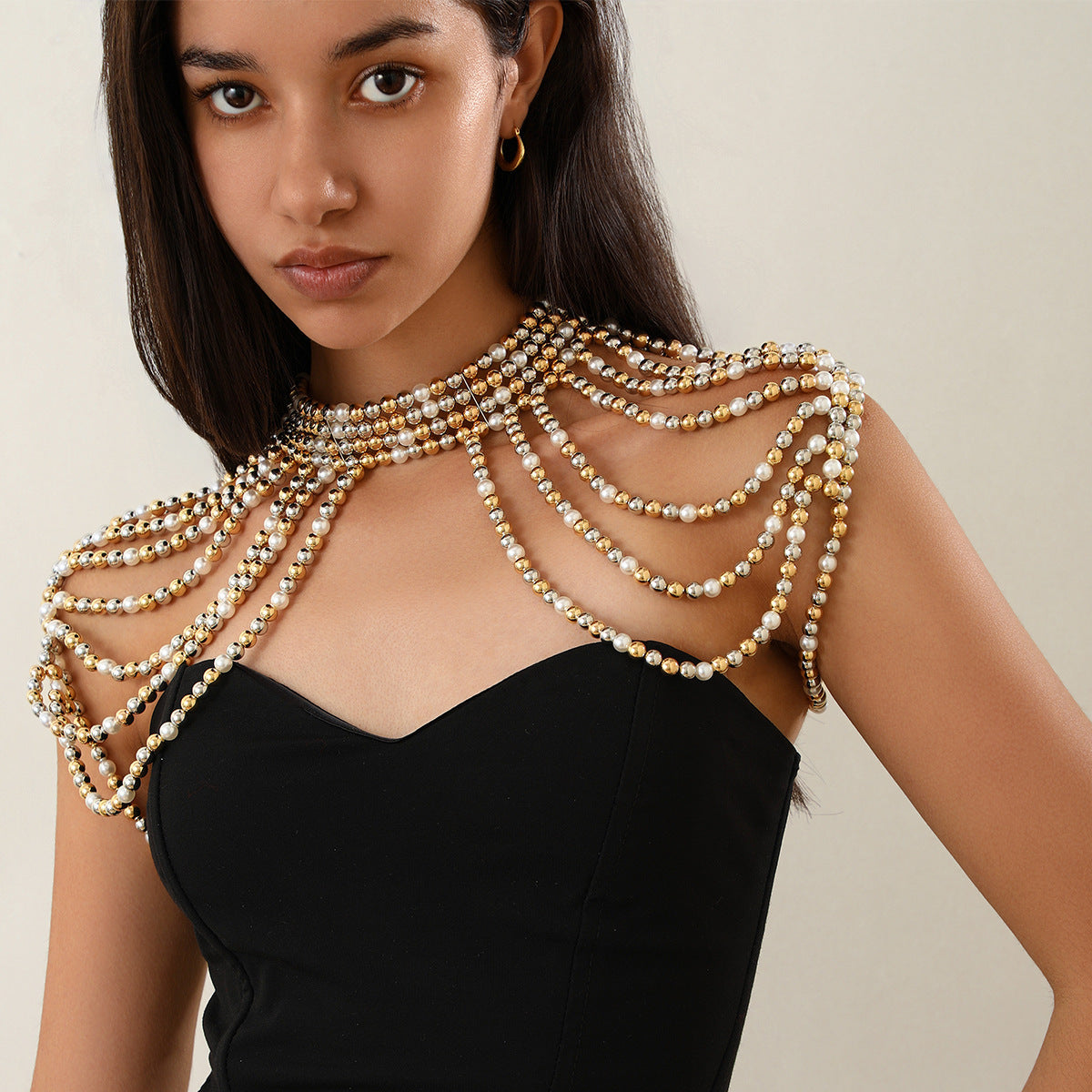 Elegant multi-layer tassel imitation pearl shoulder chain ladies