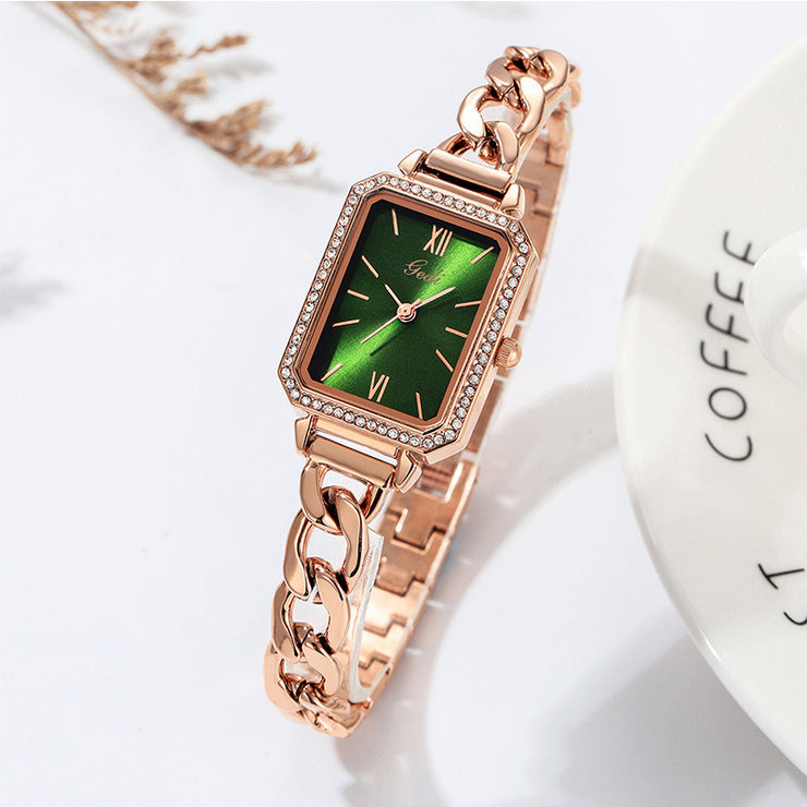 Luxury Rhinestone Denim With Small Green Watch