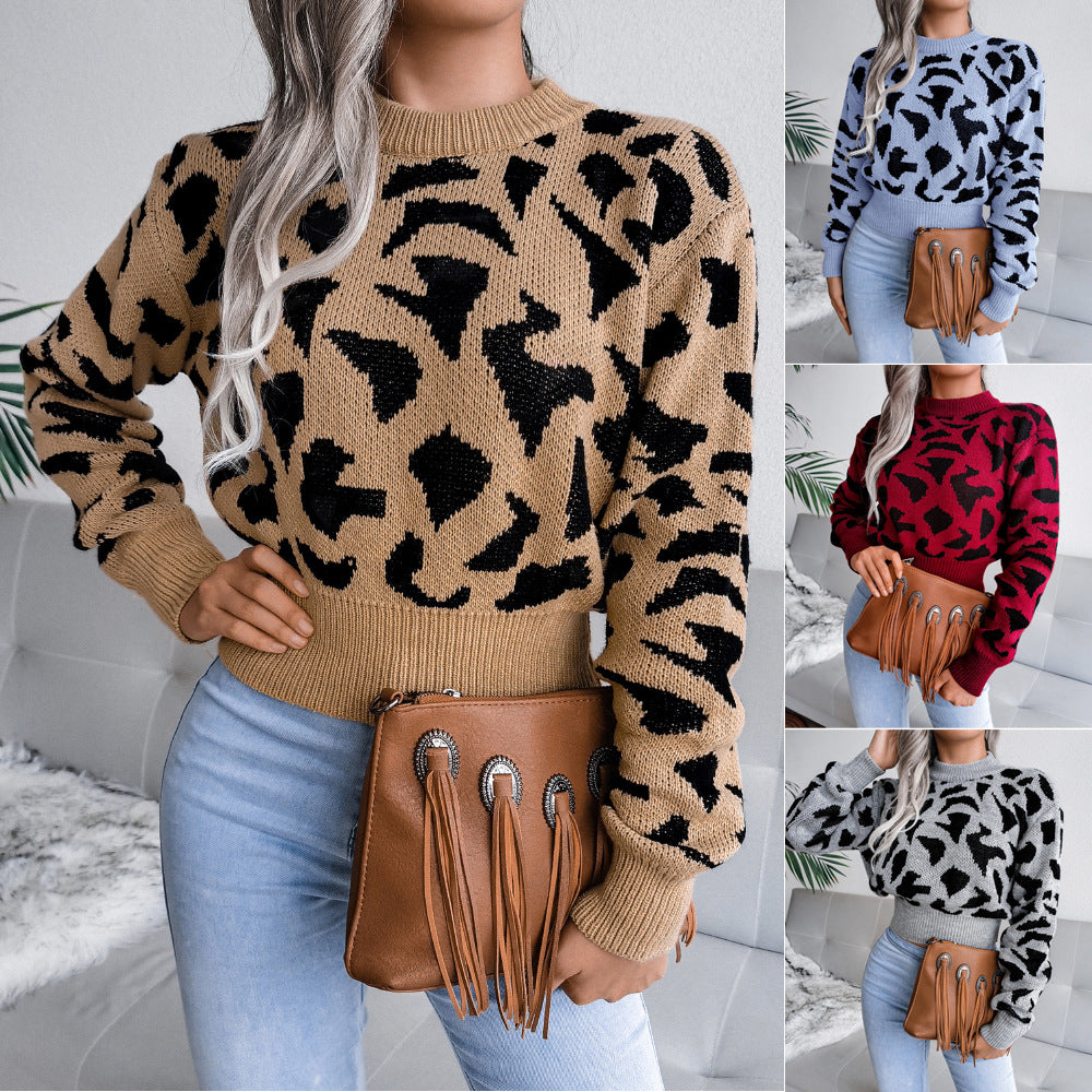 Women's Fashion Casual Leopard Print Waist Trimming Knitted Midriff-baring Sweater