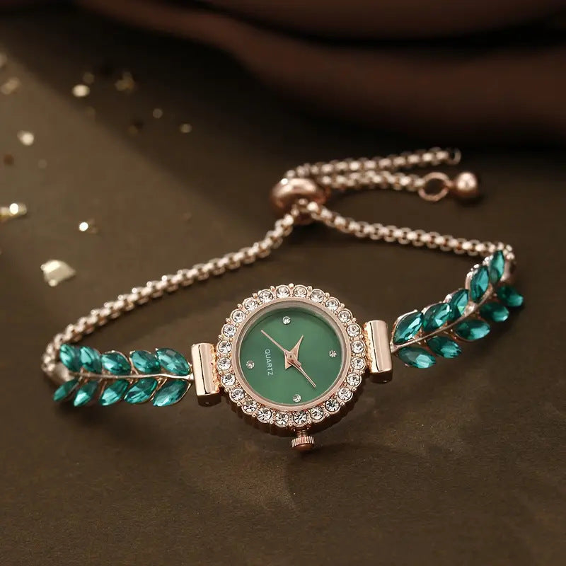 Fashion Green Leaf Fine Band Diamond Round Women's Watch