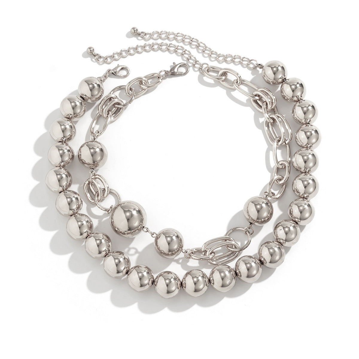 Exaggerated Punk Round Beads One Pearl Chain Double Layer Necklace