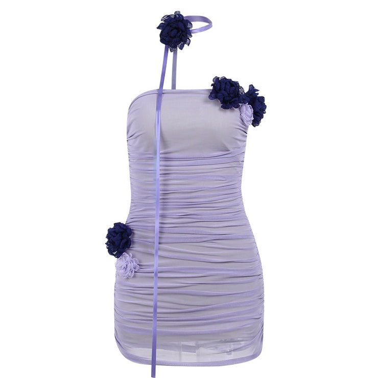 Mesh-Kontrastfarbe Blumen Tube Top Schal Band Kleid