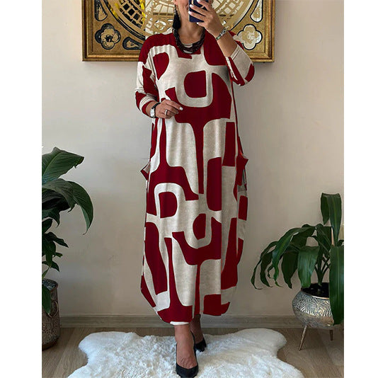 Women's Fashion Printed Loose Round-neck Long-sleeved Dress