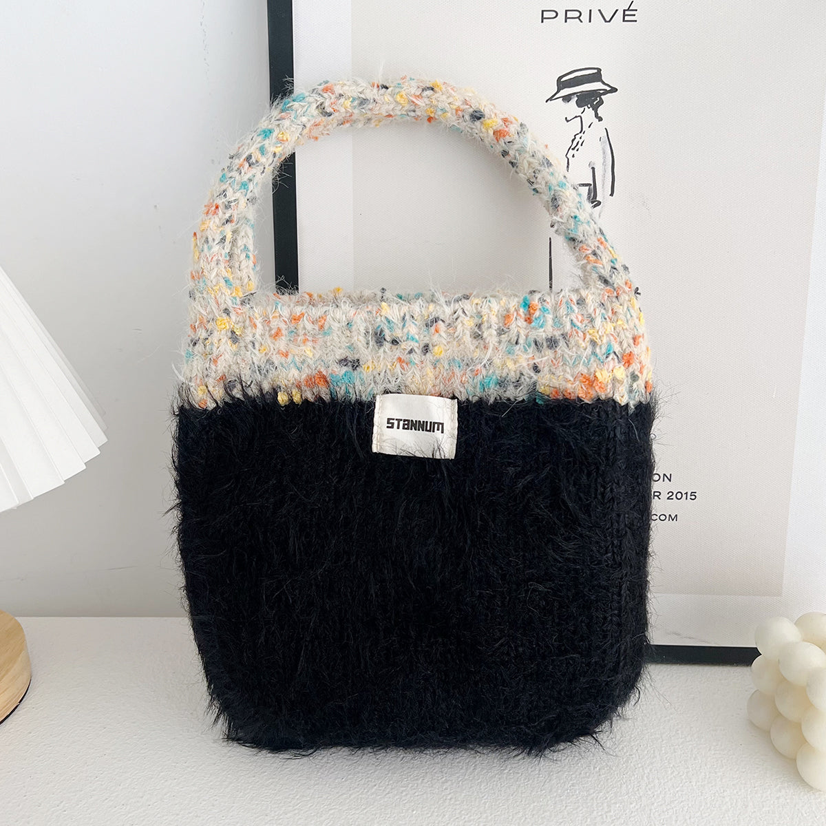 Maillard color fur bag Exquisite cute portable Korean style new contrast color knitted all-matching