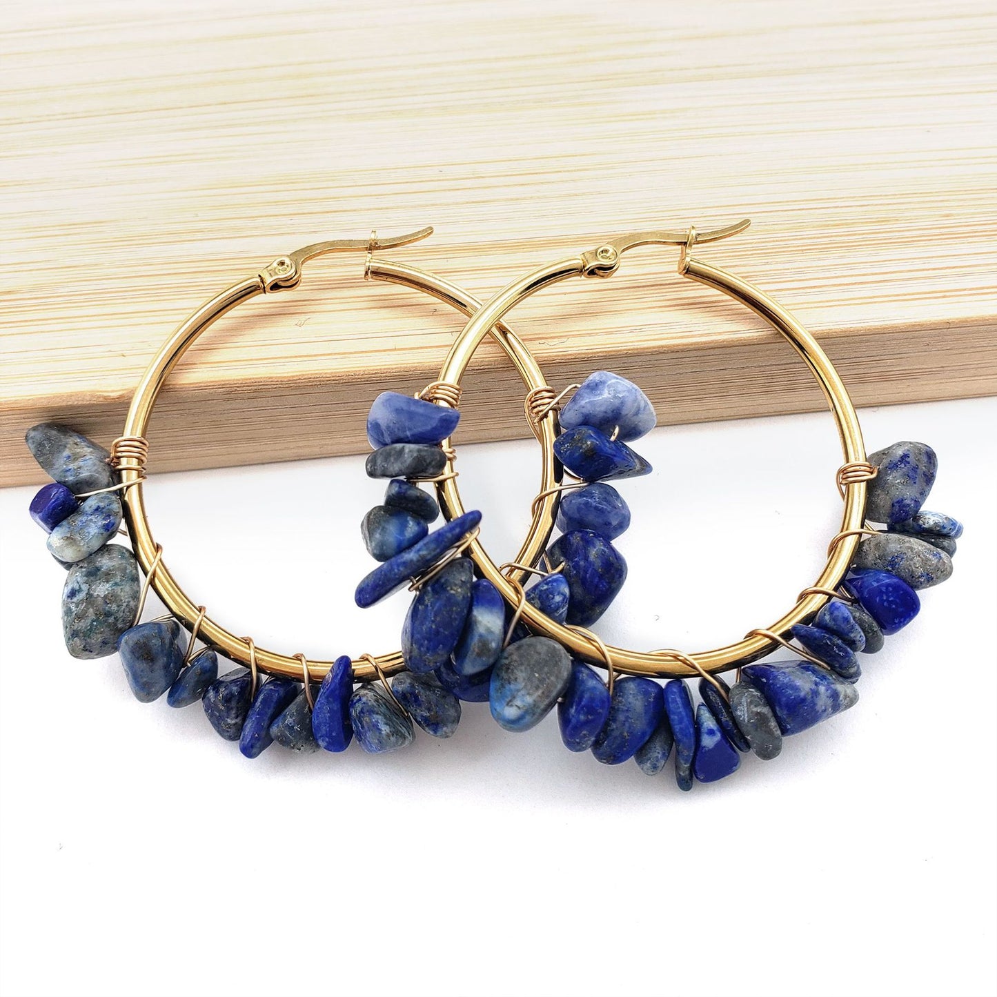 Large Circle Natural Crystal Stone Earrings Hand-wrapped Green Donglin Stone Women's Commuter Stainless Steel Earrings