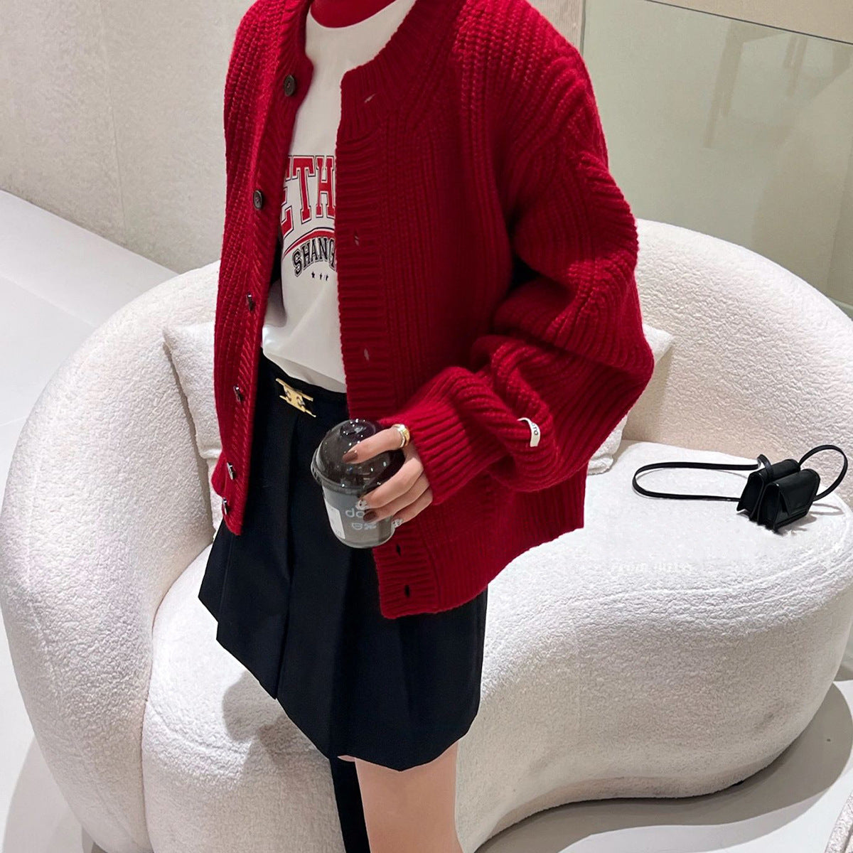 Idle Style Red Twist Round Neck Long Sleeve Knitted Cardigan Sweater Coat Female Autumn And Winter Ingot Needle Padded Top