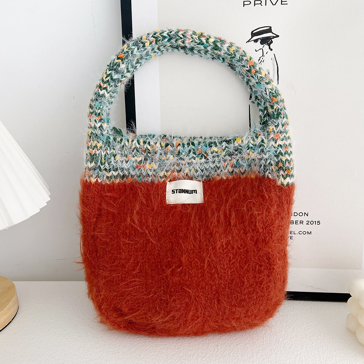 Maillard color fur bag Exquisite cute portable Korean style new contrast color knitted all-matching