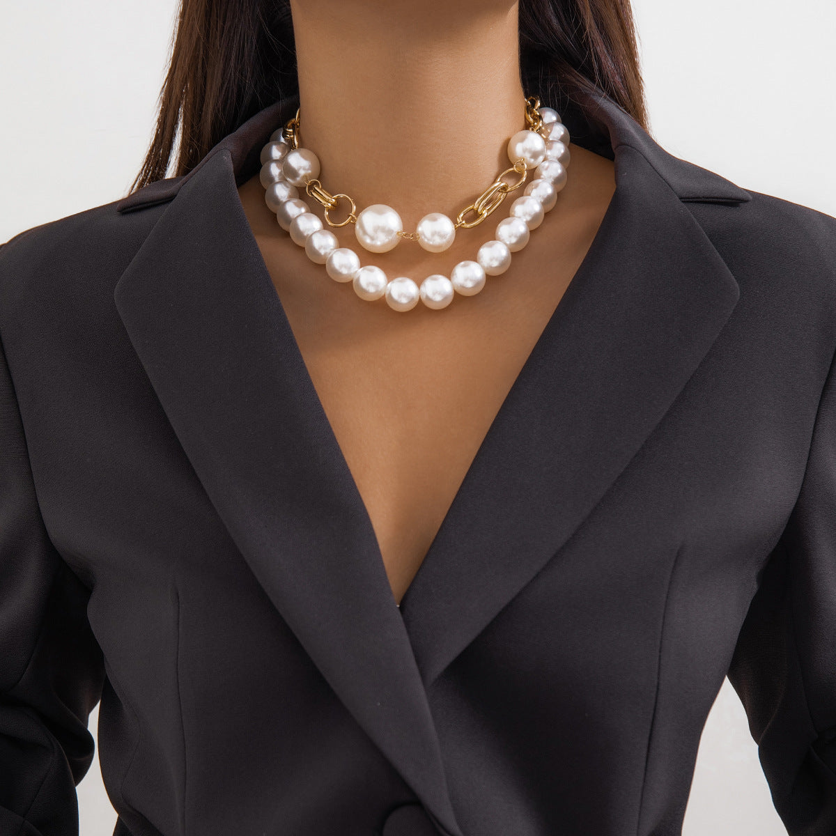 Exaggerated Punk Round Beads One Pearl Chain Double Layer Necklace