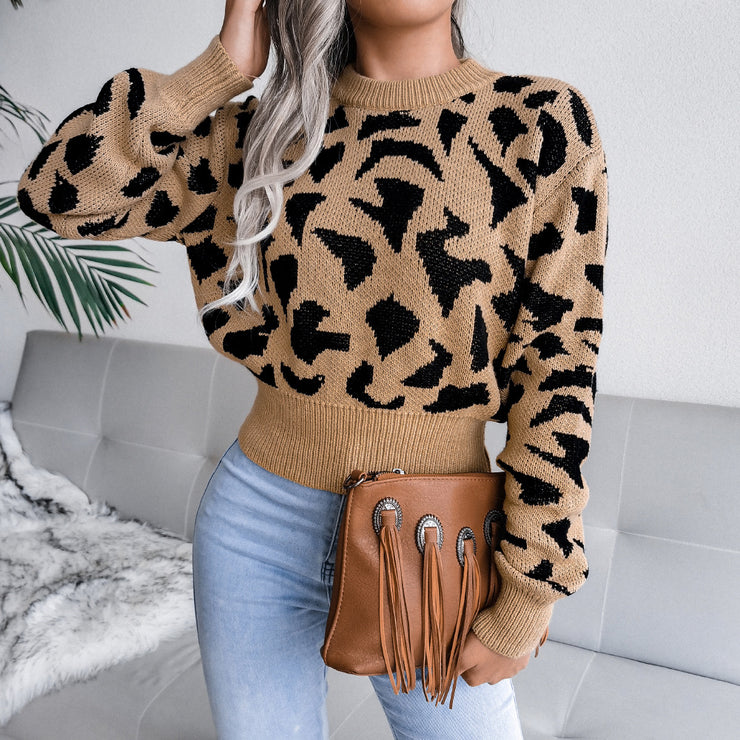 Modischer, lässiger, bauchfreier Strickpullover mit Leopardenmuster und Taillenbesatz für Damen