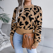 Modischer, lässiger, bauchfreier Strickpullover mit Leopardenmuster und Taillenbesatz für Damen