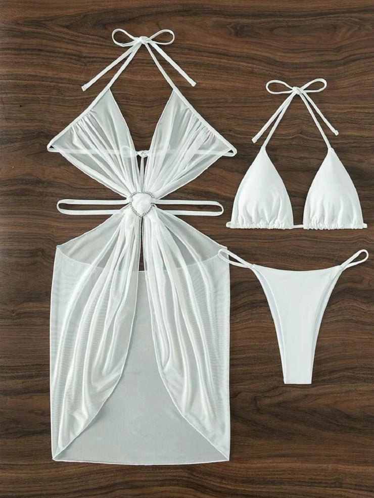 Dreiteiliger Bikini für Damen einfarbig geteilt