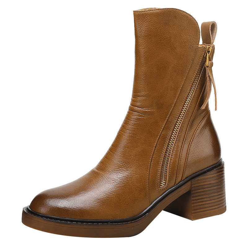 Brown ankle boots with thick heel in British style