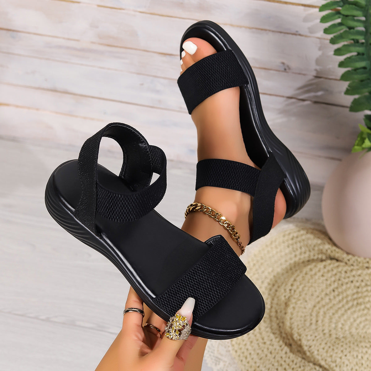 Fashion Color-Block Elastic Sandals Summer Fashion Fish Mouth Flat Shoes for Women