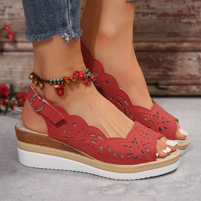 New Fish Mouth Wedge Sandals Summer Thick Soled Hollow Buckle Roman Shoes for Women