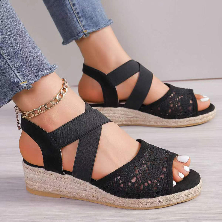 Spitze Hohl Sandalen Mode Hanf Keile Schuhe Frauen