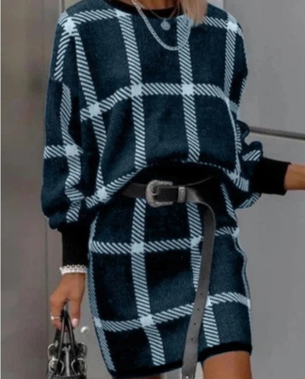 Large Plaid Pullover Long Sleeve Woolen Skirt Suit Two-piece Set