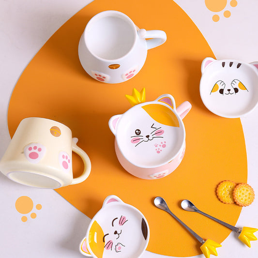 Cartoon Cat Ceramic Mug with Lid, Spoon Cup