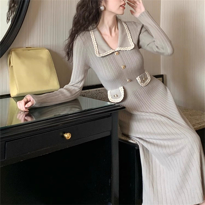 Lapel Slimming Knitted Women's Base Dress