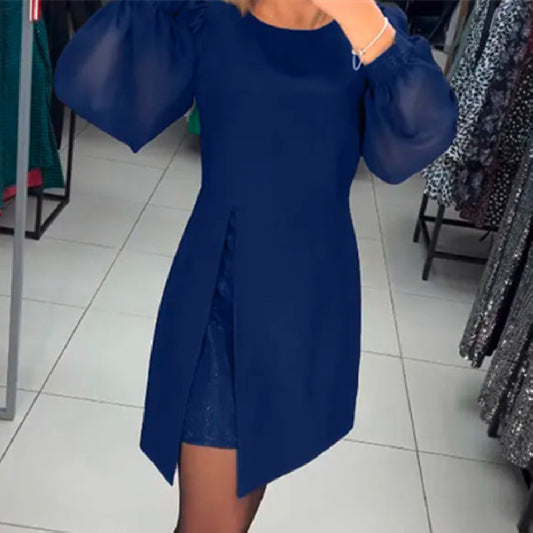 Retro Crew Neck Puff Sleeve Fake Two-piece Waist-tight Dress