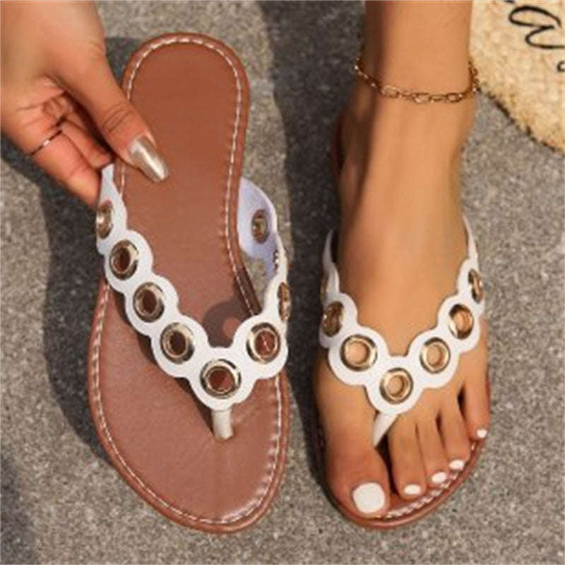 Metall hohlen Kreis Design Tanga Sandalen Flache Flip Flops Rutschen Lässig