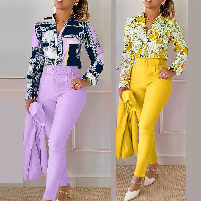 Women's Fashionable Printed Long-sleeved Shirt And Trousers Suit