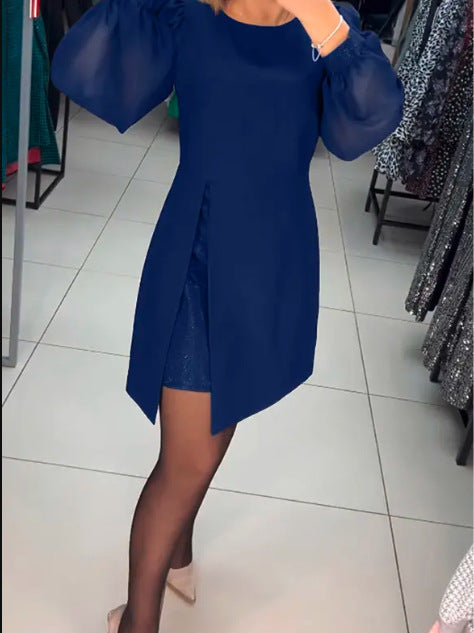 Retro Crew Neck Puff Sleeve Fake Two-piece Waist-tight Dress